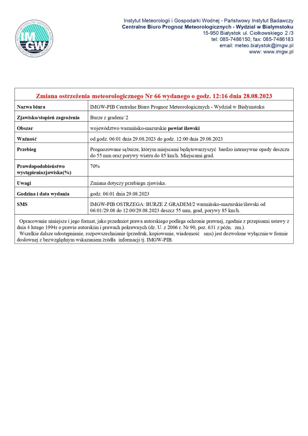 Zmiana ostrzeżenia meteorologicznego Nr 66