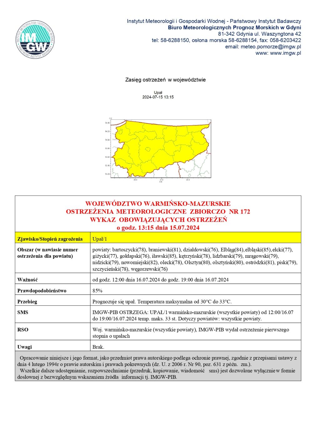 Ostrzeżenie meteorologiczne zbiorczo nr 172