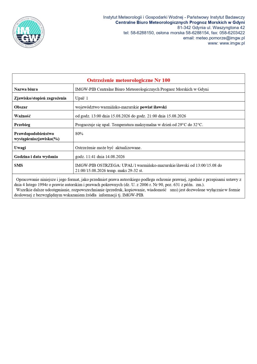 Ostrzeżenie meteorologiczne nr 100