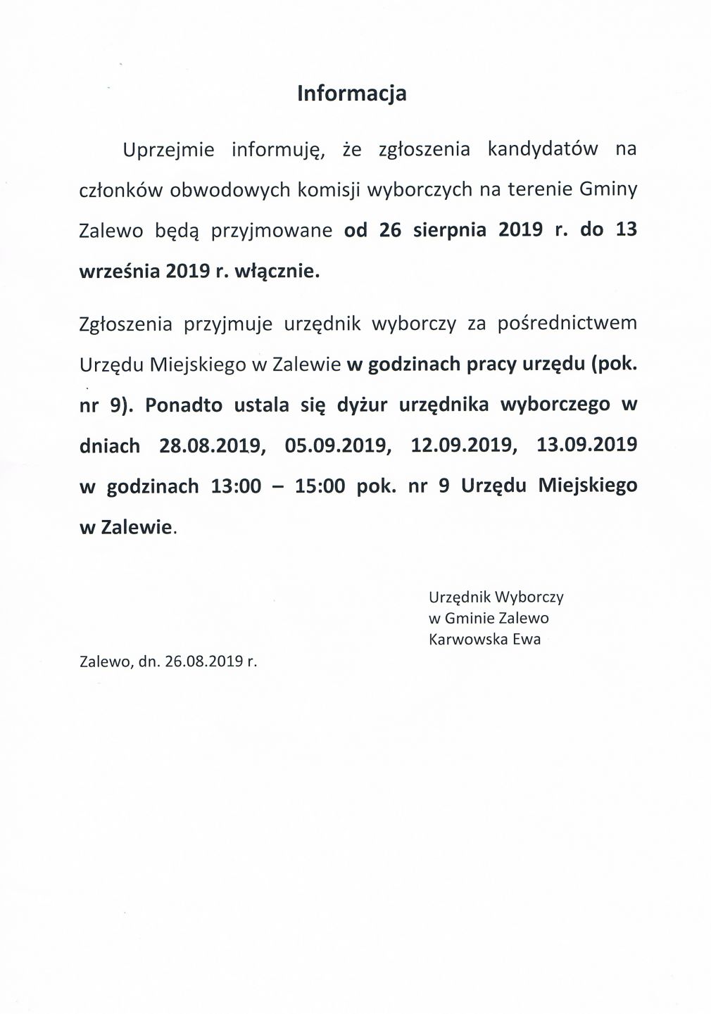 Informacja dotycząca zgłoszeń kandydatów na członków obwodowych komisji wyborczych