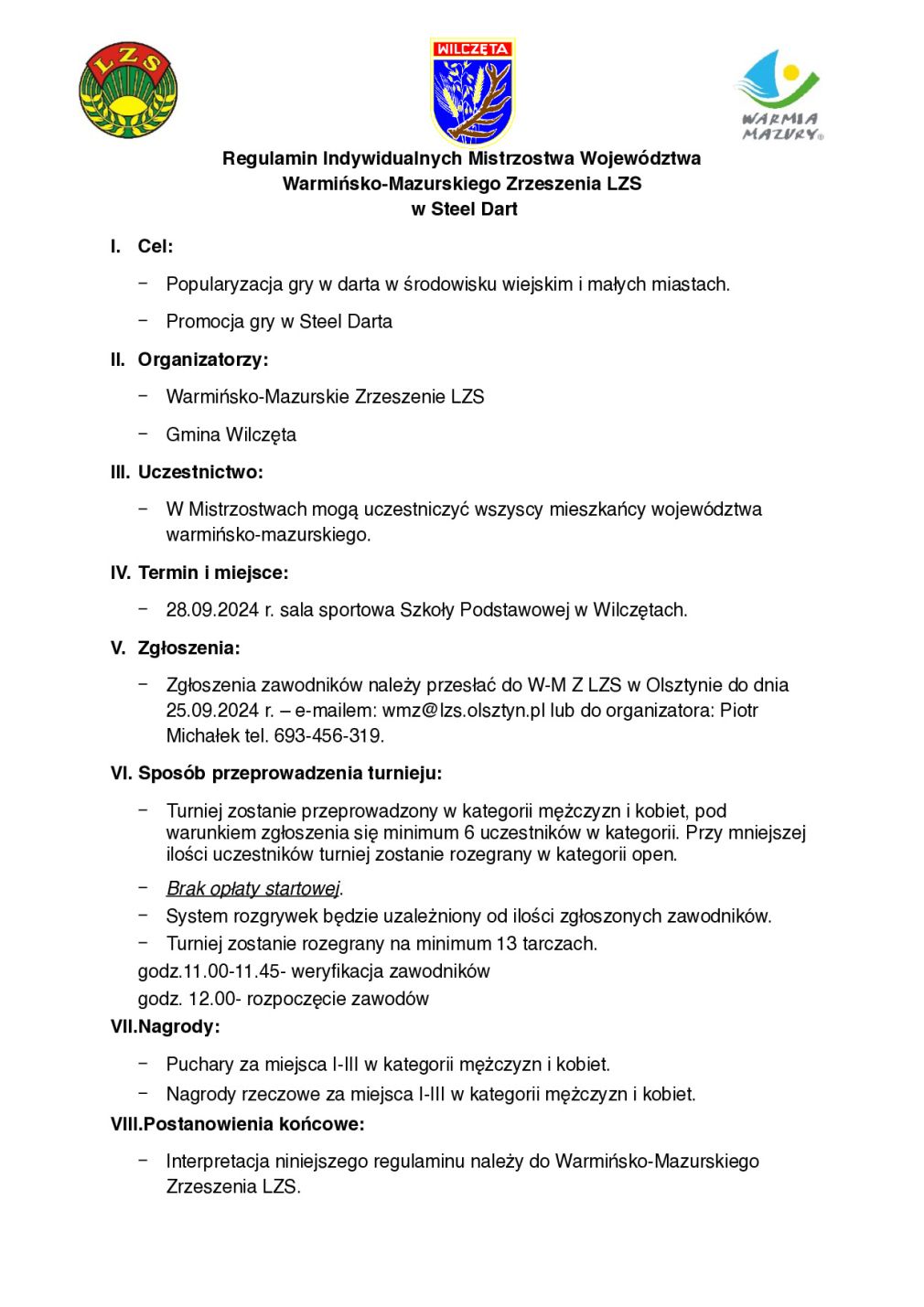 Indywidualne Mistrzostwa Województwa Warmińsko-Mazurskiego Zrzeszenia LZS w Steel Dart - Wilczęta 28.09.2024 r.