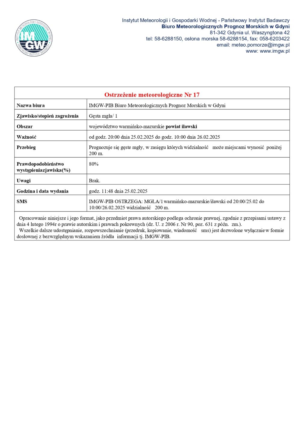 Ostrzeżenie meteorologiczne nr 17