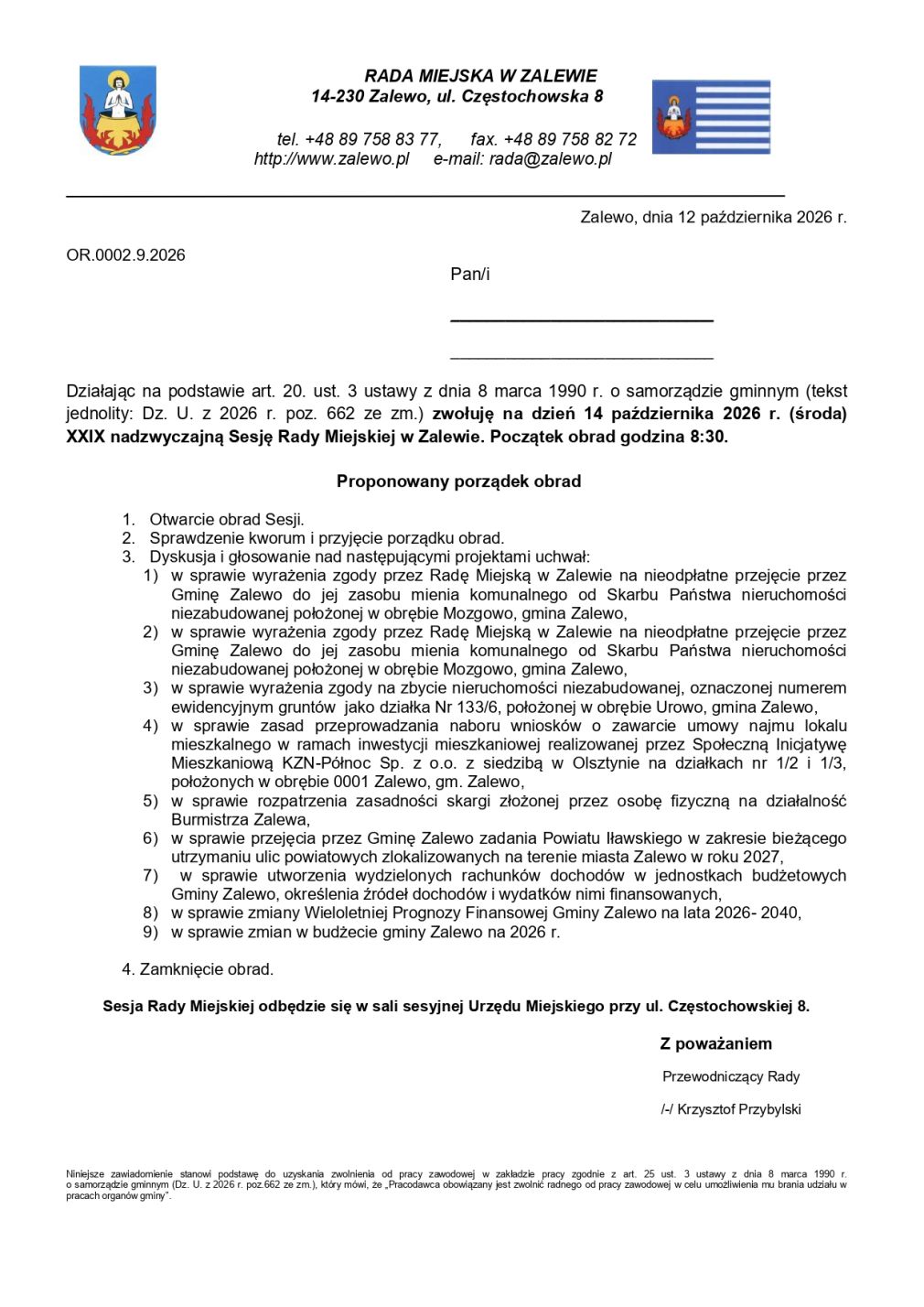 Zaproszenie na XXIX nadzwyczajną Sesję Rady Miejskiej w Zalewie - 14.10.2026 r.