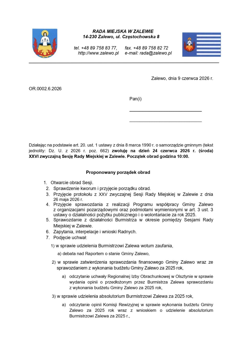 Zaproszenie na XXVI zwyczajną Sesję Rady Miejskiej w Zalewie - 24.06.2026 r.