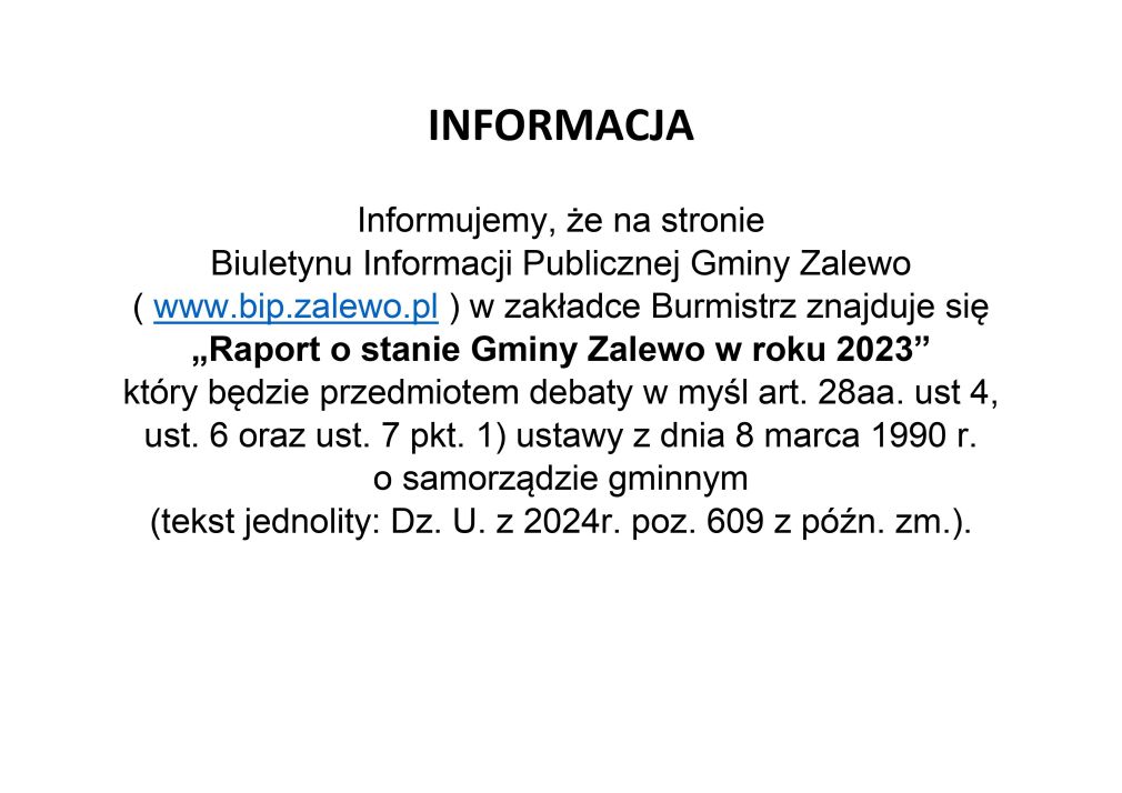 Informacja dot. debaty nad raportem o stanie Gminy Zalewo w 2023 r.