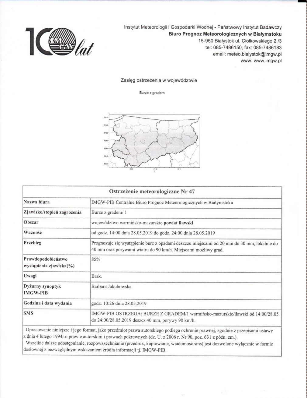 OSTRZEŻENIE METEOROLOGICZNE NR 47 z dnia 28.05.2019r.