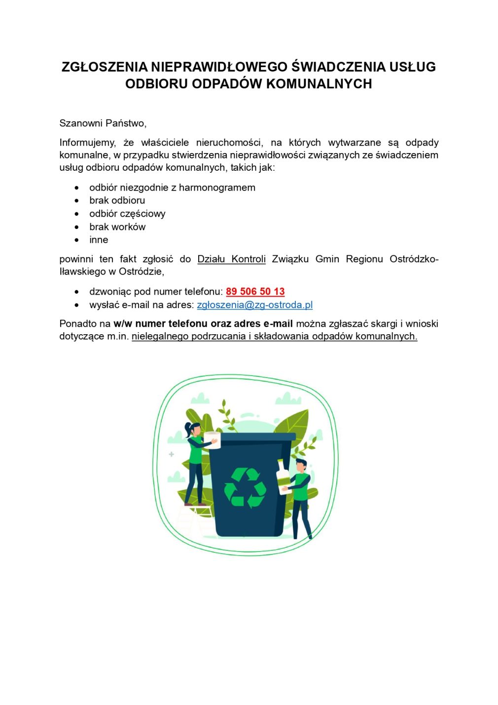 Ogłoszenie nt. nieprawidłowego świadczenia usług odbioru odpadów komunalnych