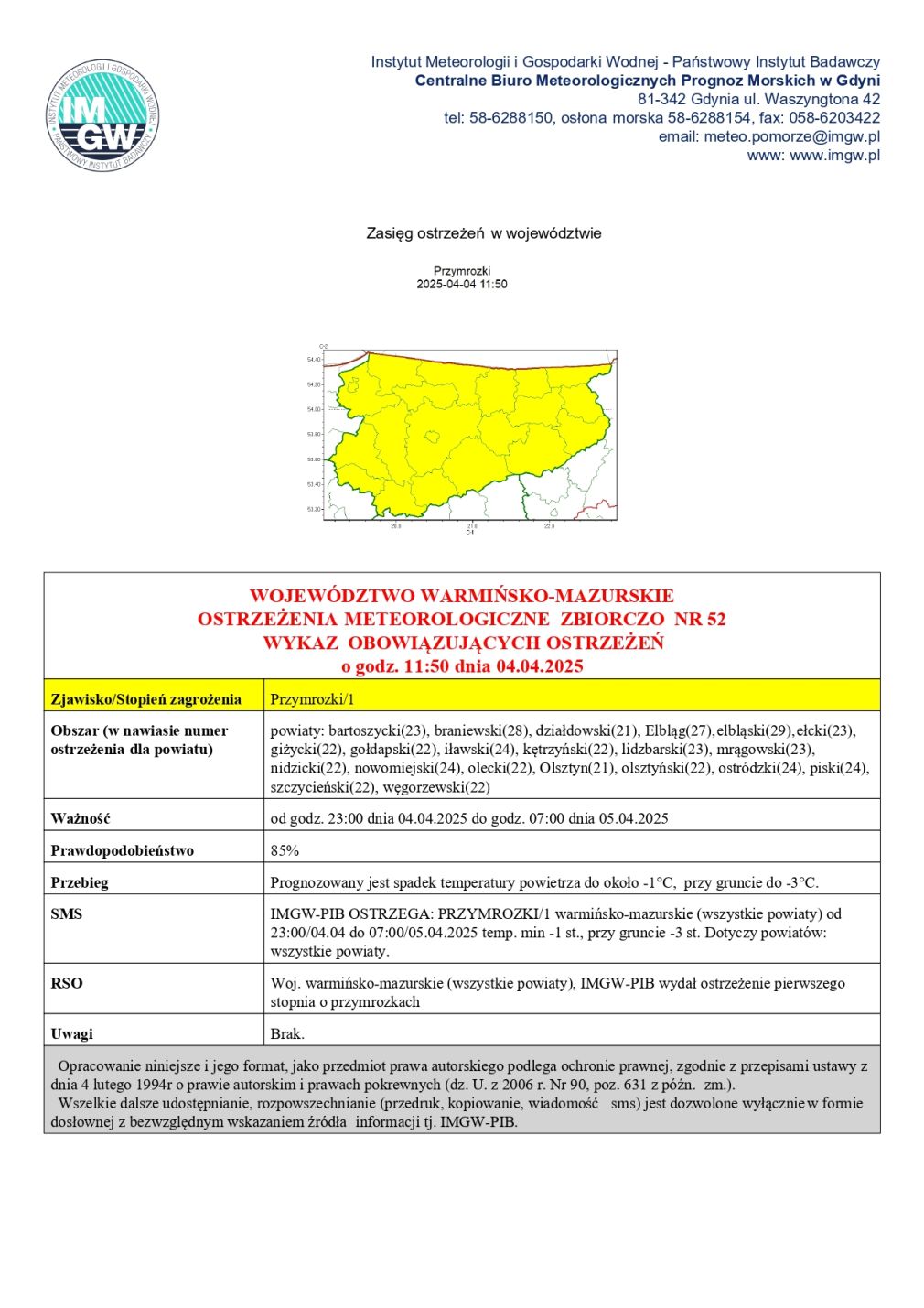 Ostrzeżenie meteorologiczne zbiorczo 52