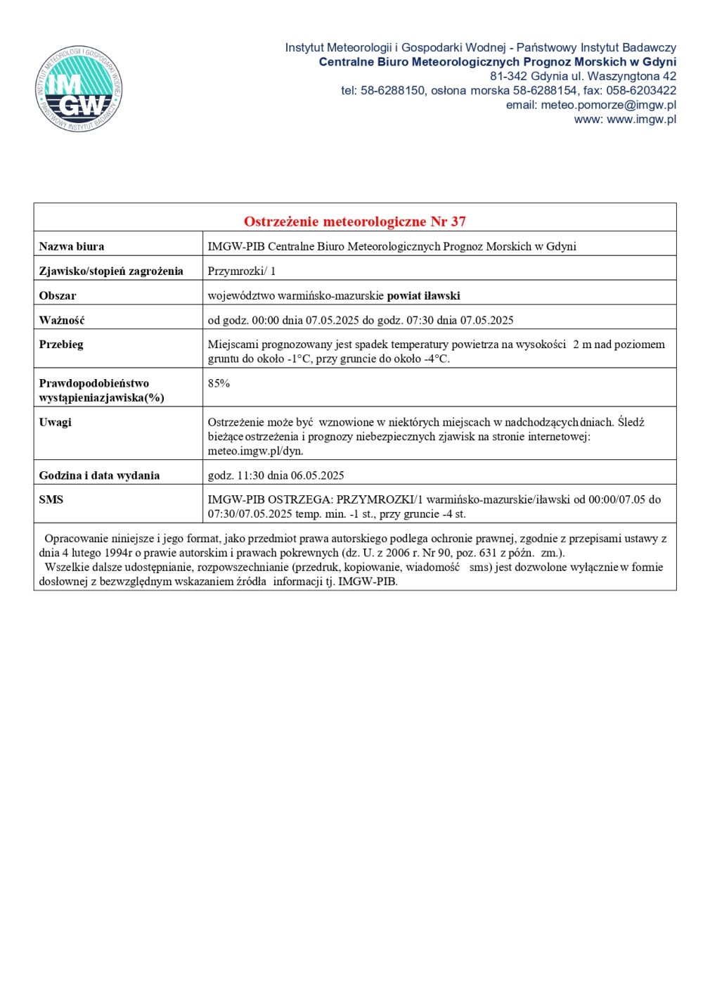 Ostrzeżenie meteorologiczne Nr 37