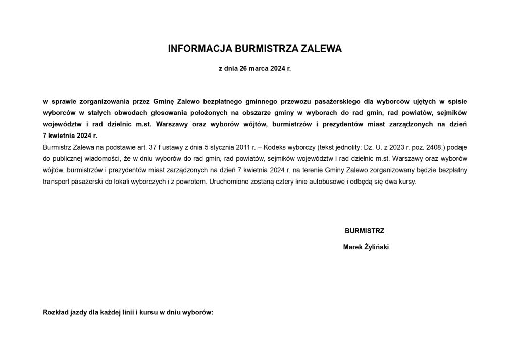 Informacja Burmistrza Zalewa w sprawie bezpłatnego gminnego transportu na wybory w dniu 7 kwietnia 2024 r.