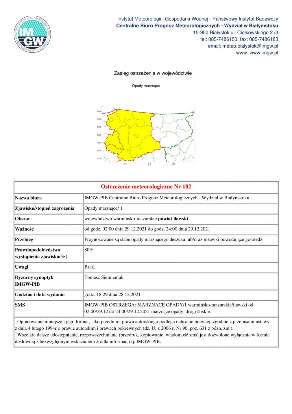 Ostrzeżenie meteorologiczne Nr 102