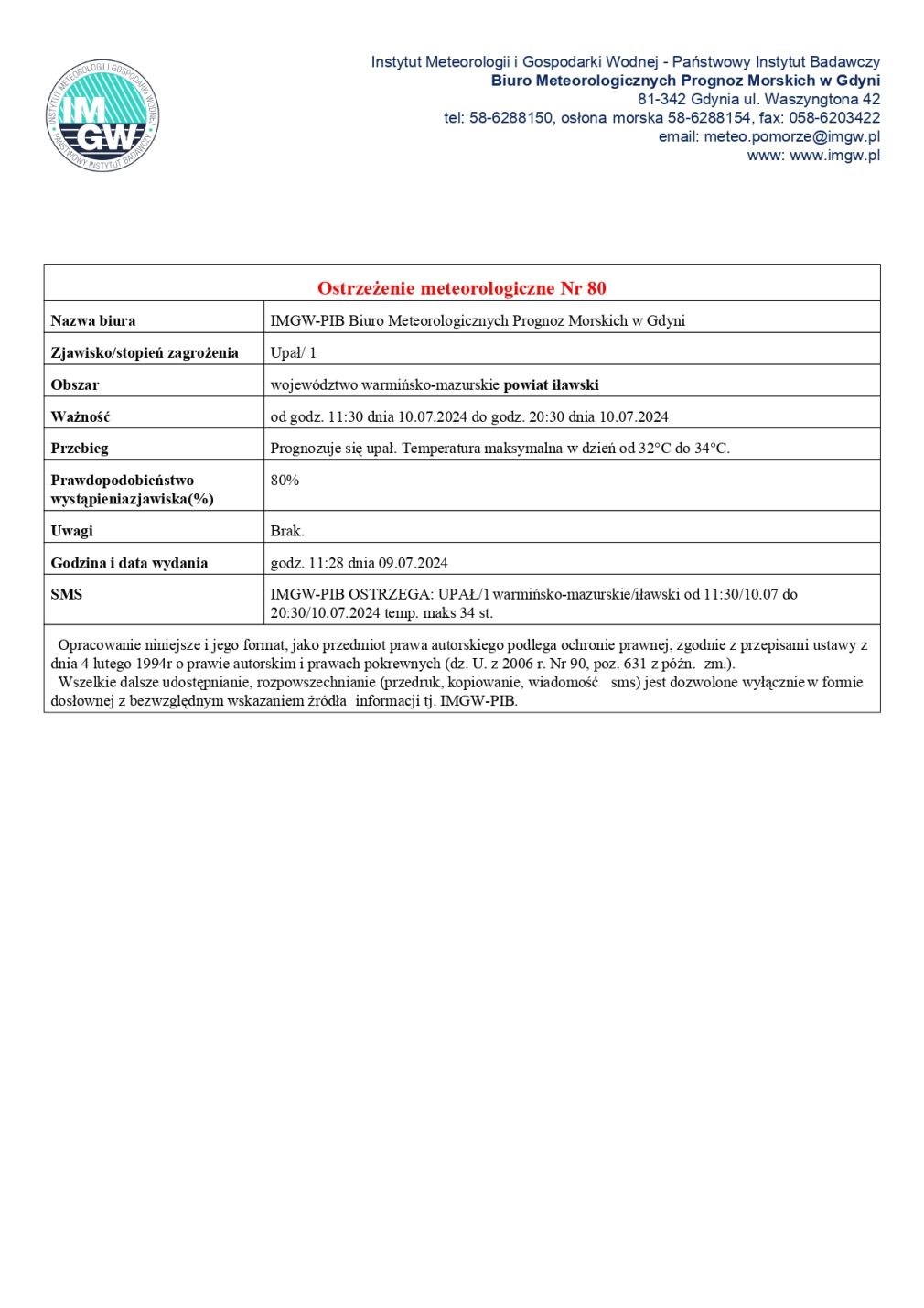 Ostrzeżenie meteorologiczne Nr 80