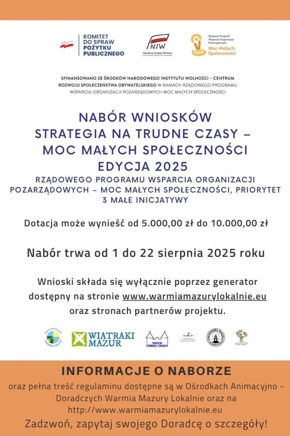 Stowarzyszenie LGD Łączy nas Kanał Elbląski ogłasza nabór wniosków do konkursu &quot;Strategia na Trudne Czasy – Moc Małych Społeczności&quot;