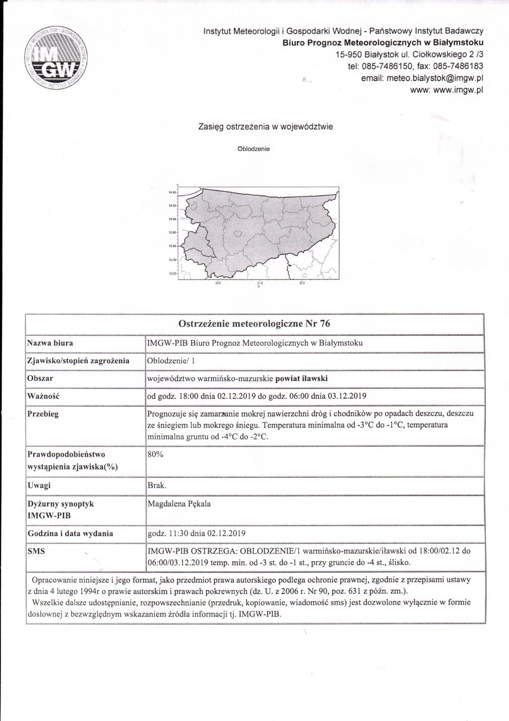 OSTRZEŻENIE METEOROLOGICZNE NR 76 z dnia 02.12.2019r.