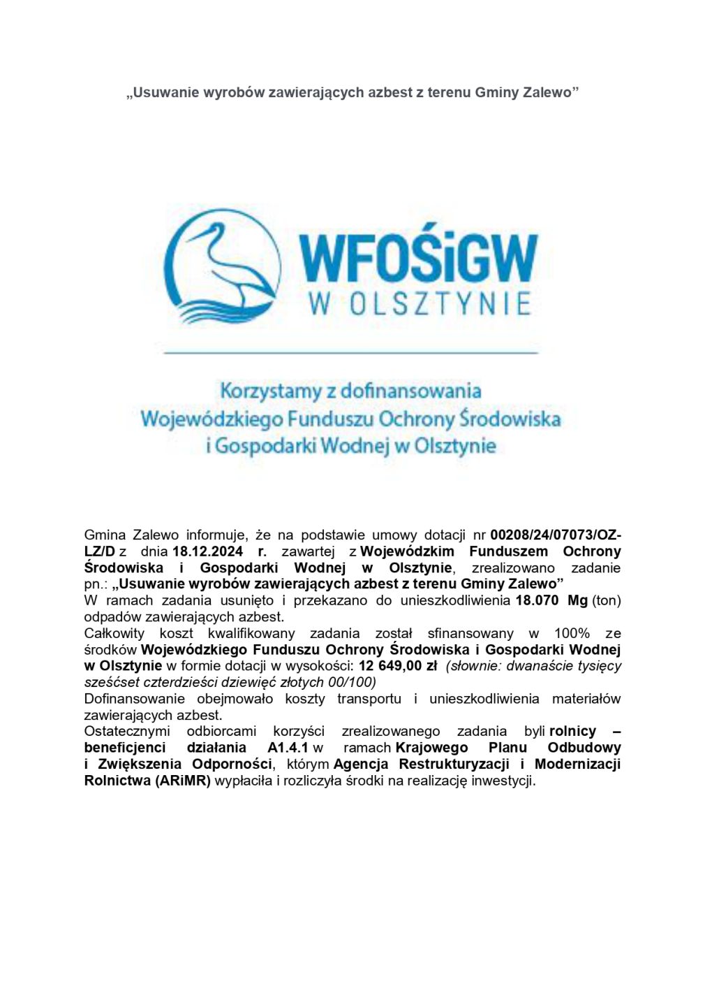 Informacja o dofinansowaniu usuwania azbestu ze środków WFOŚiGW w Olsztynie