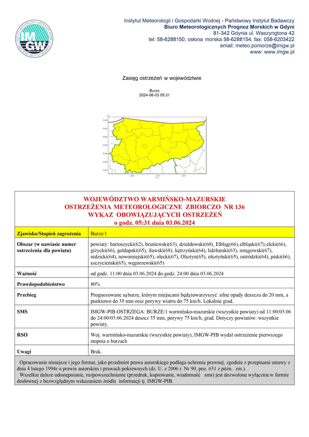 Ostrzeżenie meteorologiczne zbiorczo nr 136