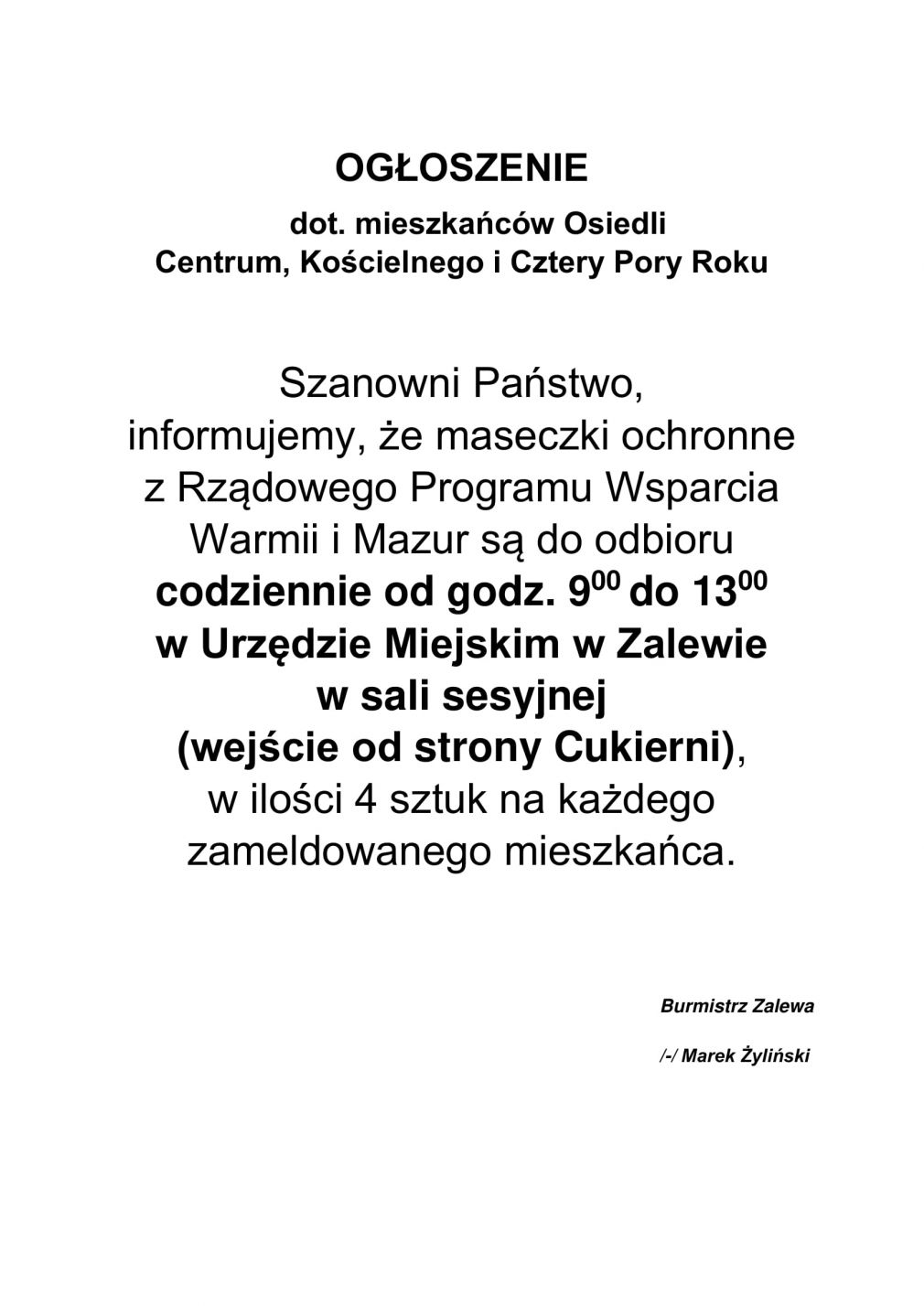 Ogłoszenie o odbiorze maseczek